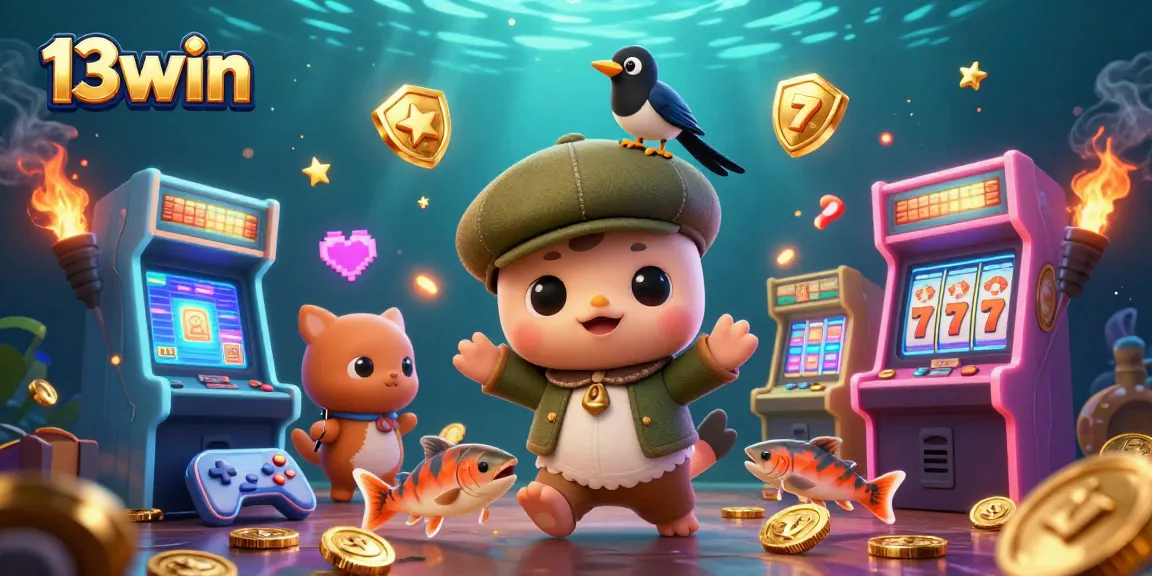 Experience the thrill of 13win in this vibrant 3D casino illustration filled with slot reels and golden elements.