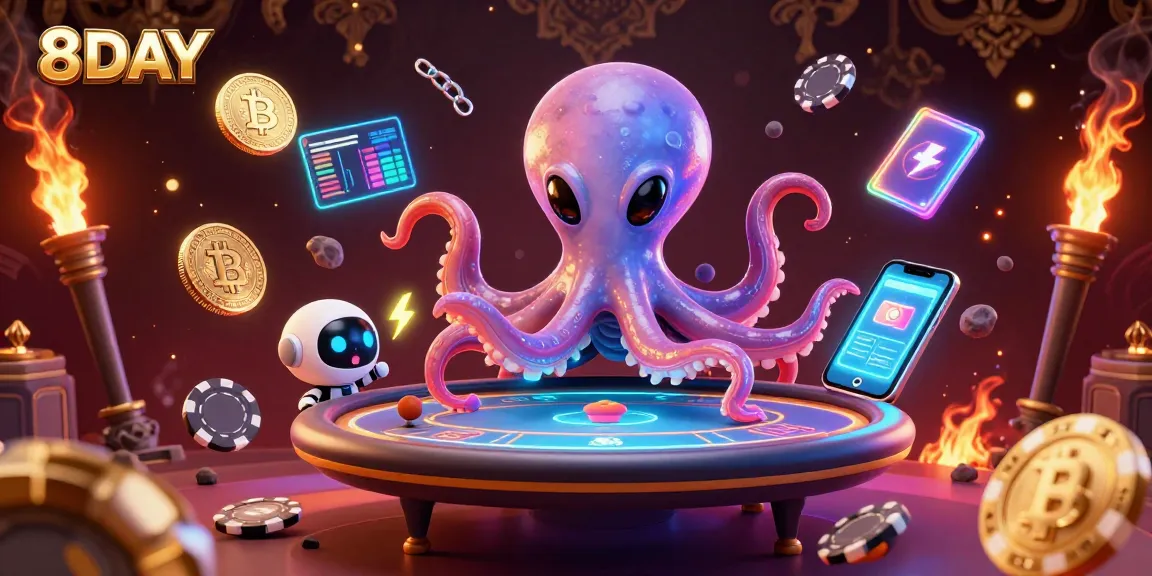 Experience vibrant gambling excitement at 8DAY with an alien octopus managing a poker table.