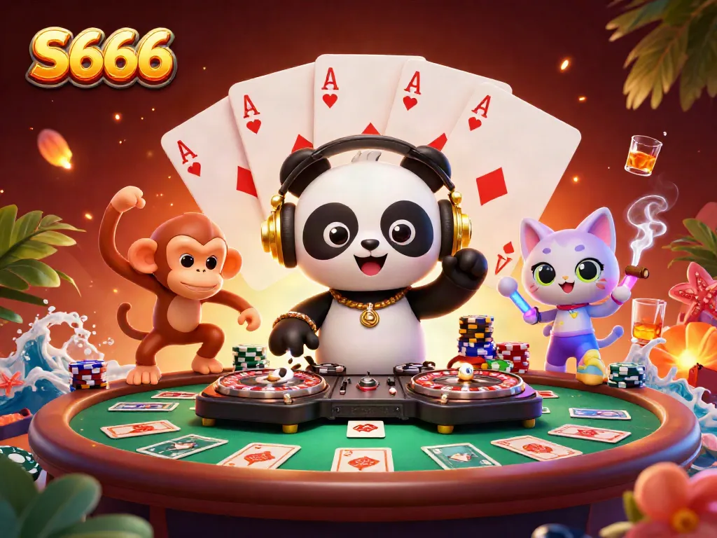 Experience thrilling gaming at S666 with an energetic DJ panda and vibrant casino elements.