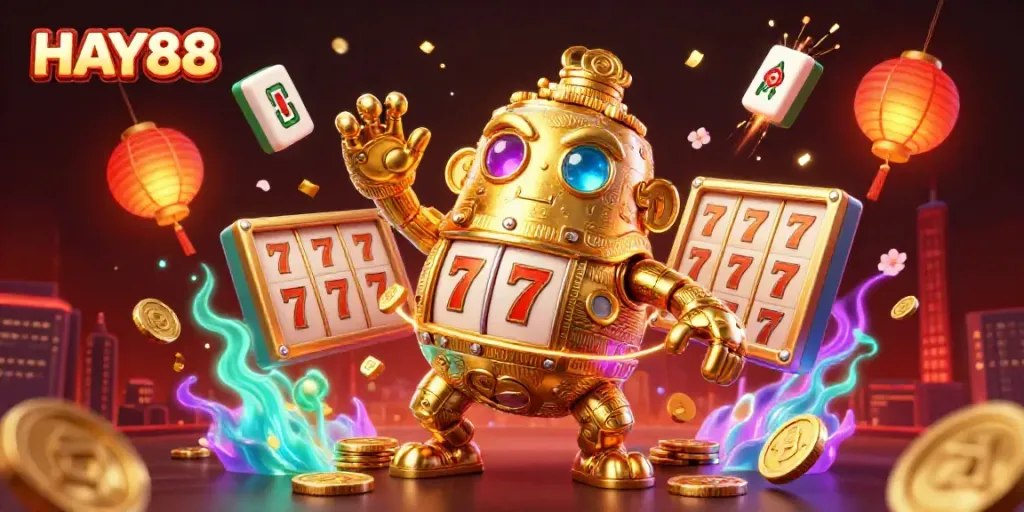 Engage with HAY88's vibrant casino atmosphere featuring a golden golem and slot symbols.
