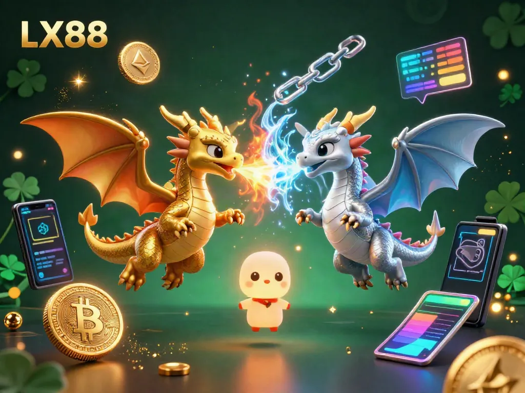 Experience an exhilarating game with LX88, featuring twin dragon guardians and crypto elements in a dynamic casino scene.