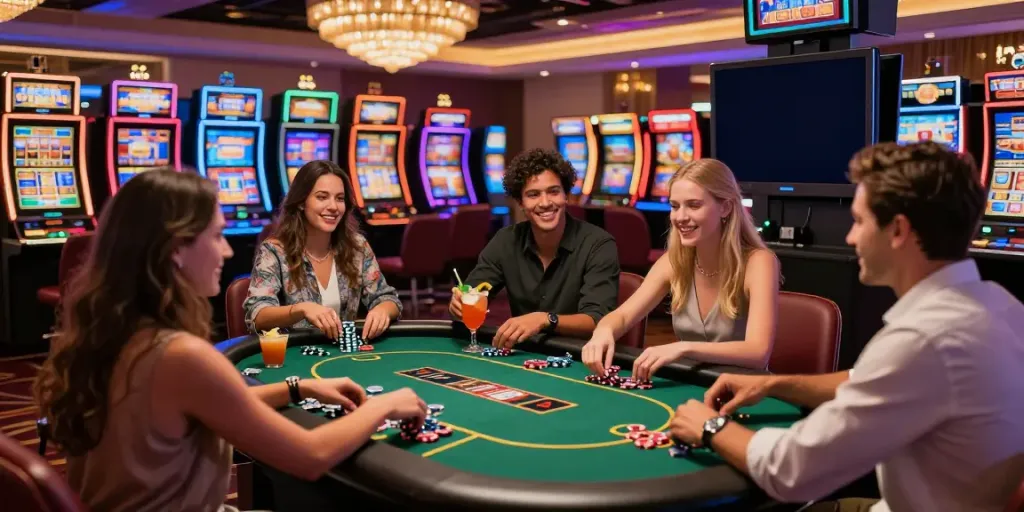 Exciting game experience at the best non gamstop casinos with friends enjoying slots and roulette in a vibrant atmosphere.