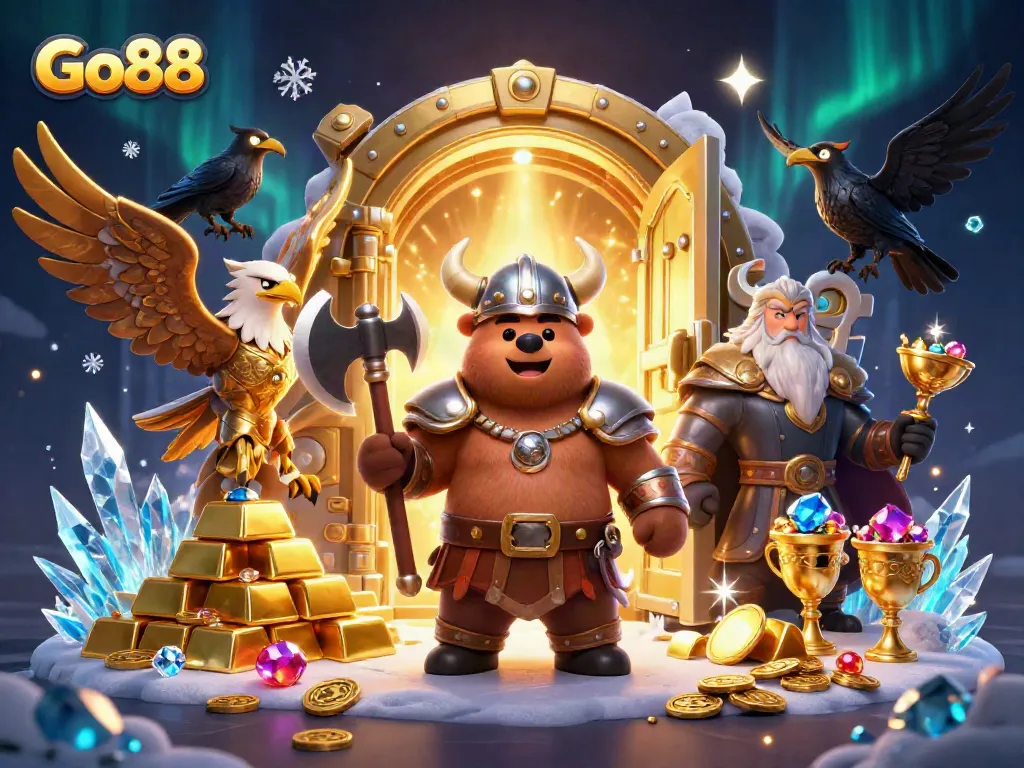 Join the excitement at Go88 with this vibrant 3D illustration featuring a Viking bear and Valkyrie eagle among treasure.