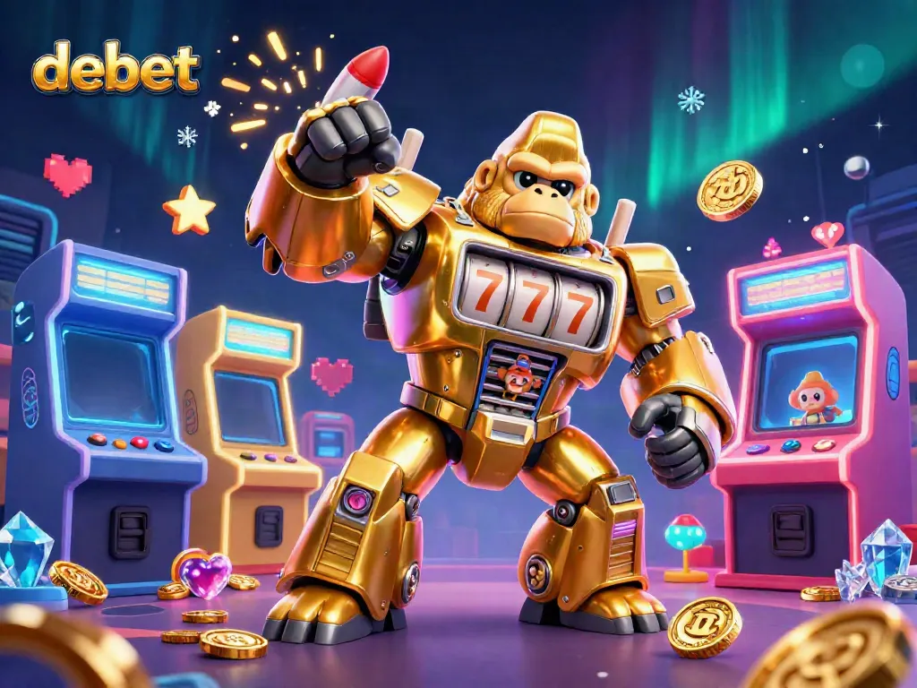 Experience the thrilling debet gaming adventure with a golden mech gorilla spinning slot reels and colorful game elements.