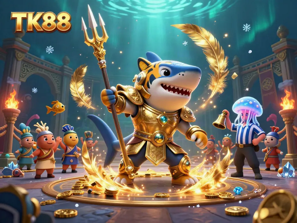 Engage in thrilling gameplay at TK88 with a dynamic underwater casino arena featuring a fierce shark character.
