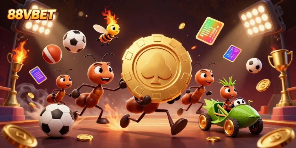 Dynamic team of ants racing with a golden poker chip, embodying the spirit of 88VBET.