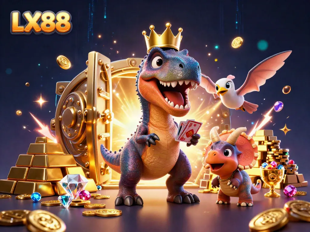 Engaging scene with LX88’s T-Rex character juggling cards, a pterodactyl assisting in a vibrant casino atmosphere.