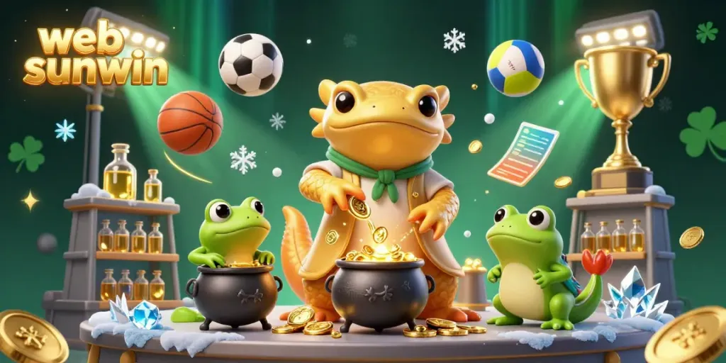 Engage with web sunwin featuring a cartoon salamander alchemist turning metals into gold with dynamic sports elements.