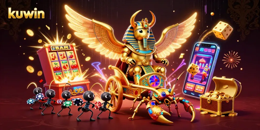 Kuwin slot experience with a colossal golden scarab and dazzling casino elements.