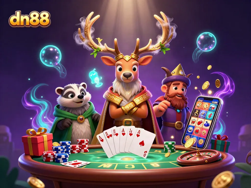 Experience poker excitement with dn88 in a vibrant 3D casino scene featuring colorful slot games.