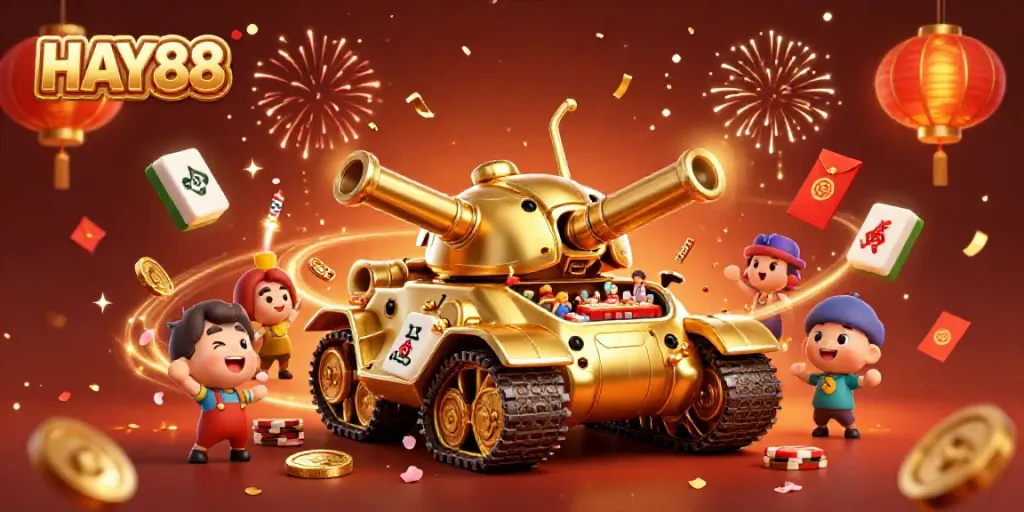 Engage with HAY88's dynamic 3D illustration of a golden beetle tank revealing a vibrant casino scene, filled with festive elements.
