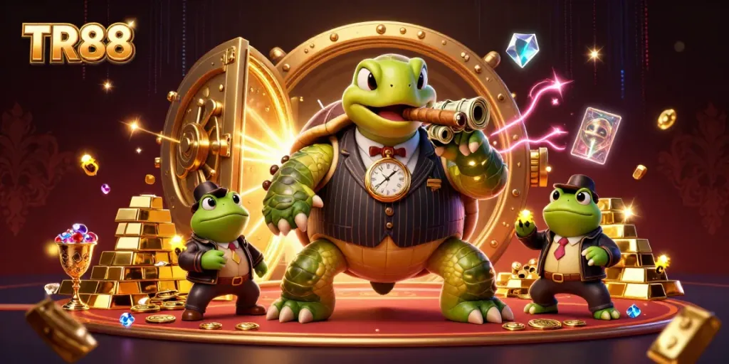 Engage in thrilling games at TR88's vibrant casino scene with characters celebrating luck.