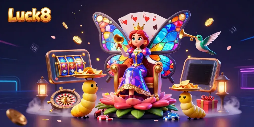 Experience the vibrant casino thrills at Luck8 with a butterfly queen and dynamic gaming elements.
