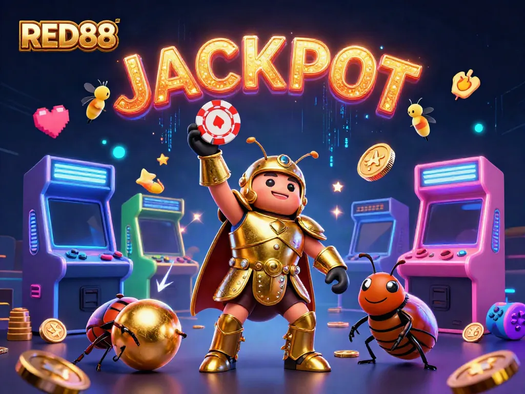 Experience the excitement of RED88 with a golden beetle lifting a poker chip in a lively casino scene.