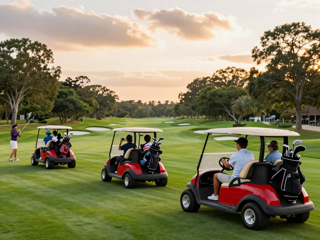 Golf cart for sale USA with friends enjoying a sunny day on the golf course.