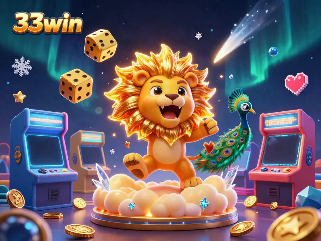 Engage in gameplay with 33win featuring a 3D lion, golden dice, and arcade machines.