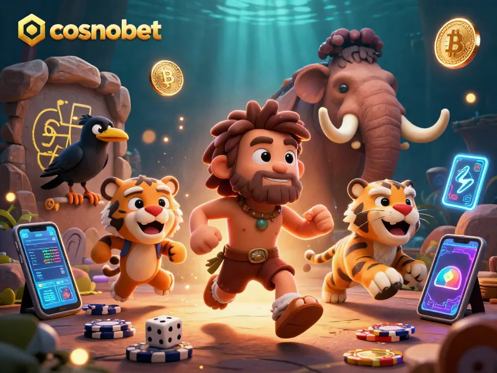 Experience thrilling gaming at Cosmobet, with a vibrant prehistoric casino scene featuring unique characters and digital elements.