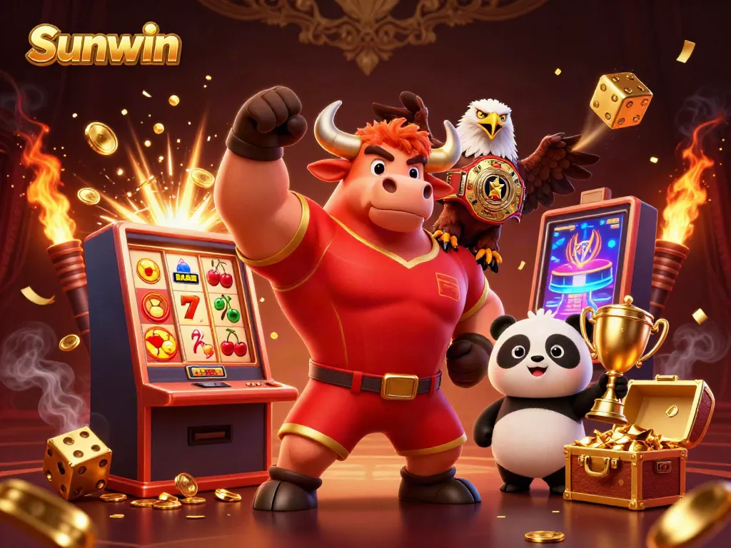 Experience thrilling moments with Sunwin's immersive casino illustrations featuring a bull, eagle, and panda.