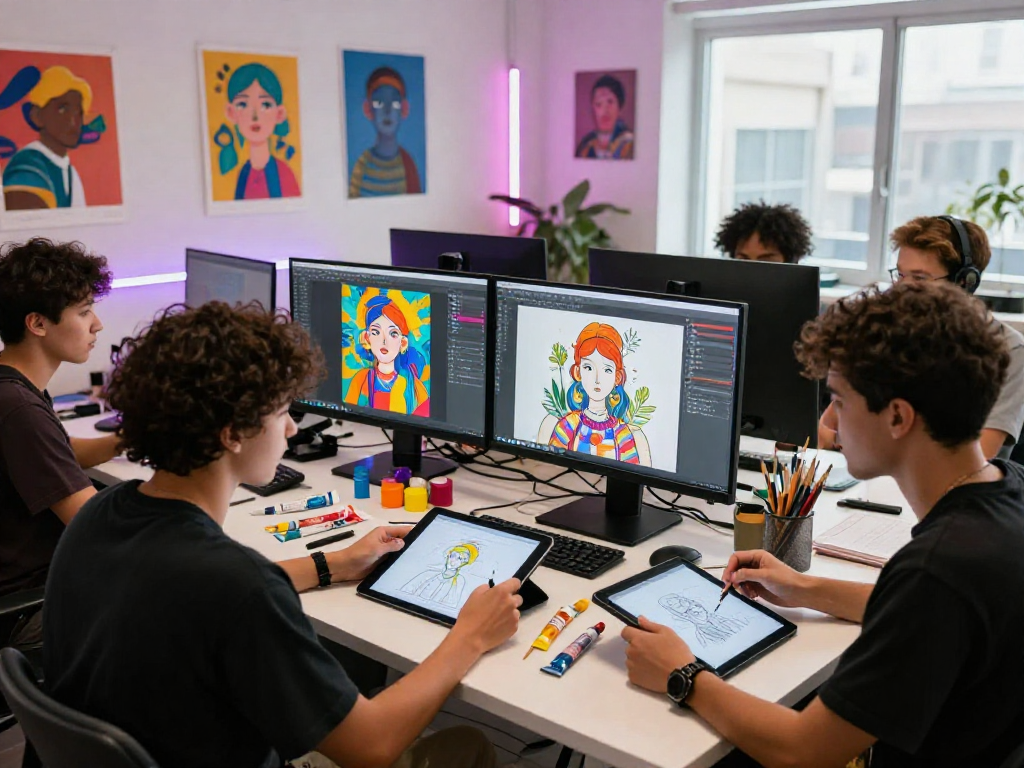 Creative workspace featuring diverse artists working on NSFW AI-generated art, vibrant digital tools and equipment visible.