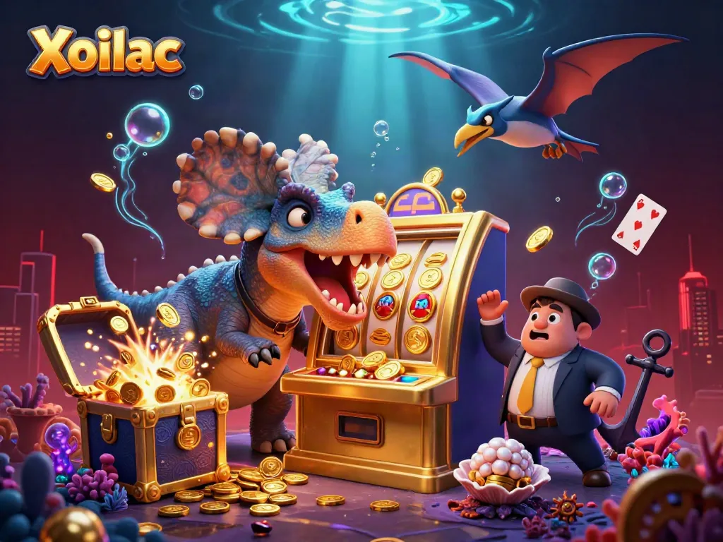 Xoilac features an intense casino scene with dinosaurs amidst a vibrant gambling environment.