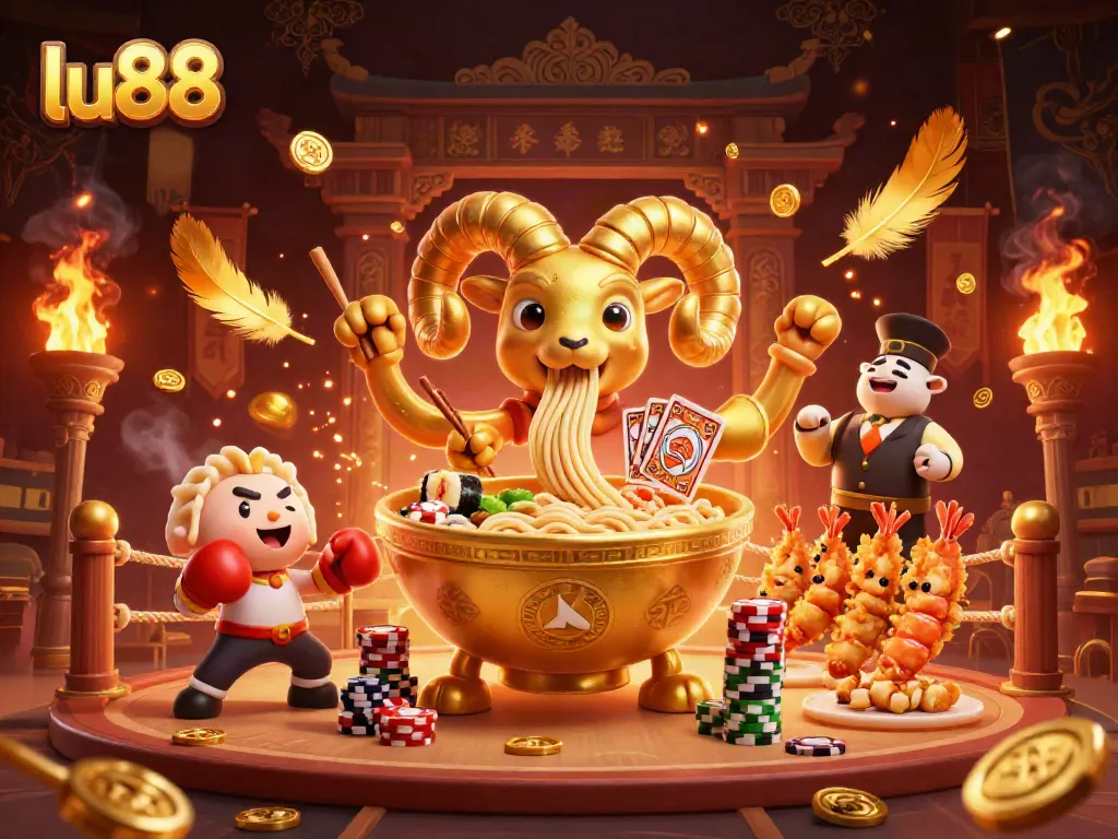 Join the action at LU88, where a giant ramen bowl and friends stack chips and deal cards in a vibrant casino atmosphere.