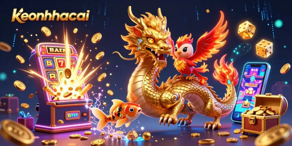 Experience keonhacai excitement with a vibrant 3D casino illustration featuring a golden dragon and joyful gaming elements.