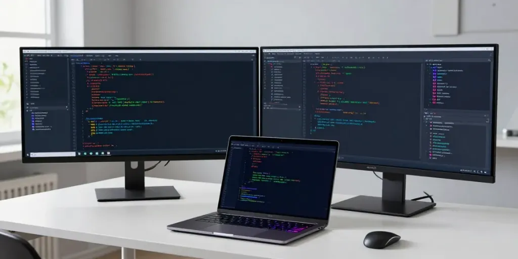 Buy .co.uk domain in a modern tech workspace with vibrant coding atmosphere.