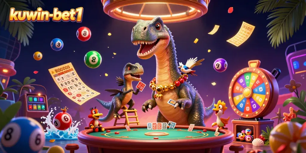 Experience the excitement of kuwin-bet1 with dynamic casino characters and thrilling lottery elements in vibrant colors.