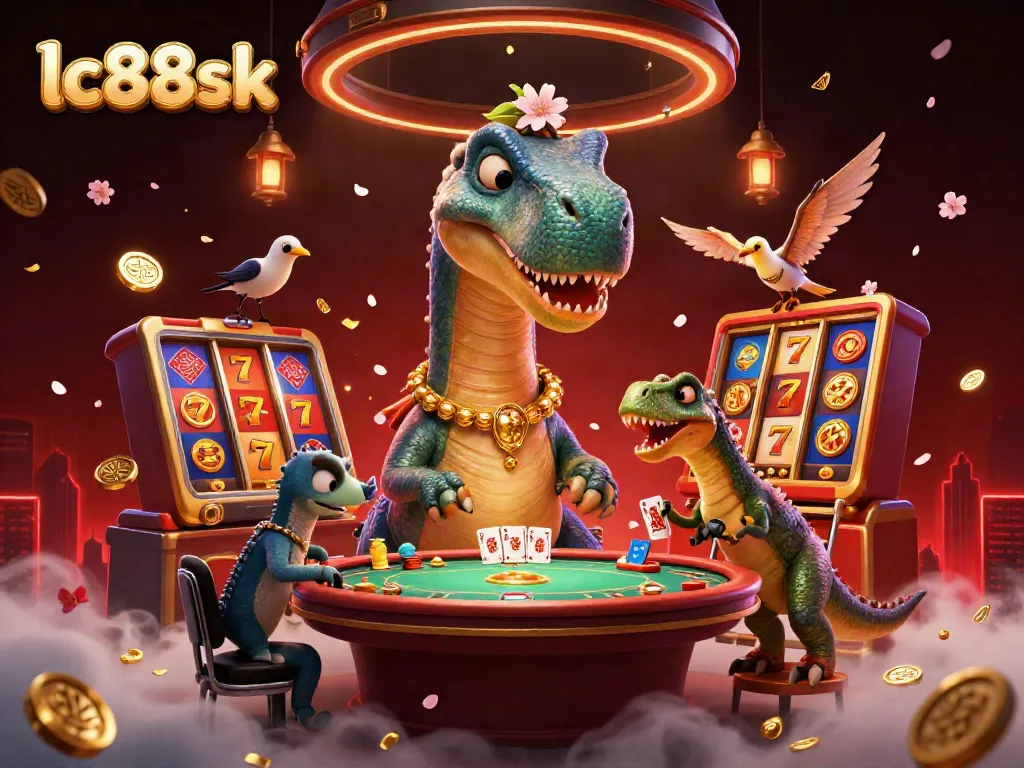 Engage in thrilling gameplay at lc88sk featuring a charming dinosaur dealing cards amidst vibrant casino elements.