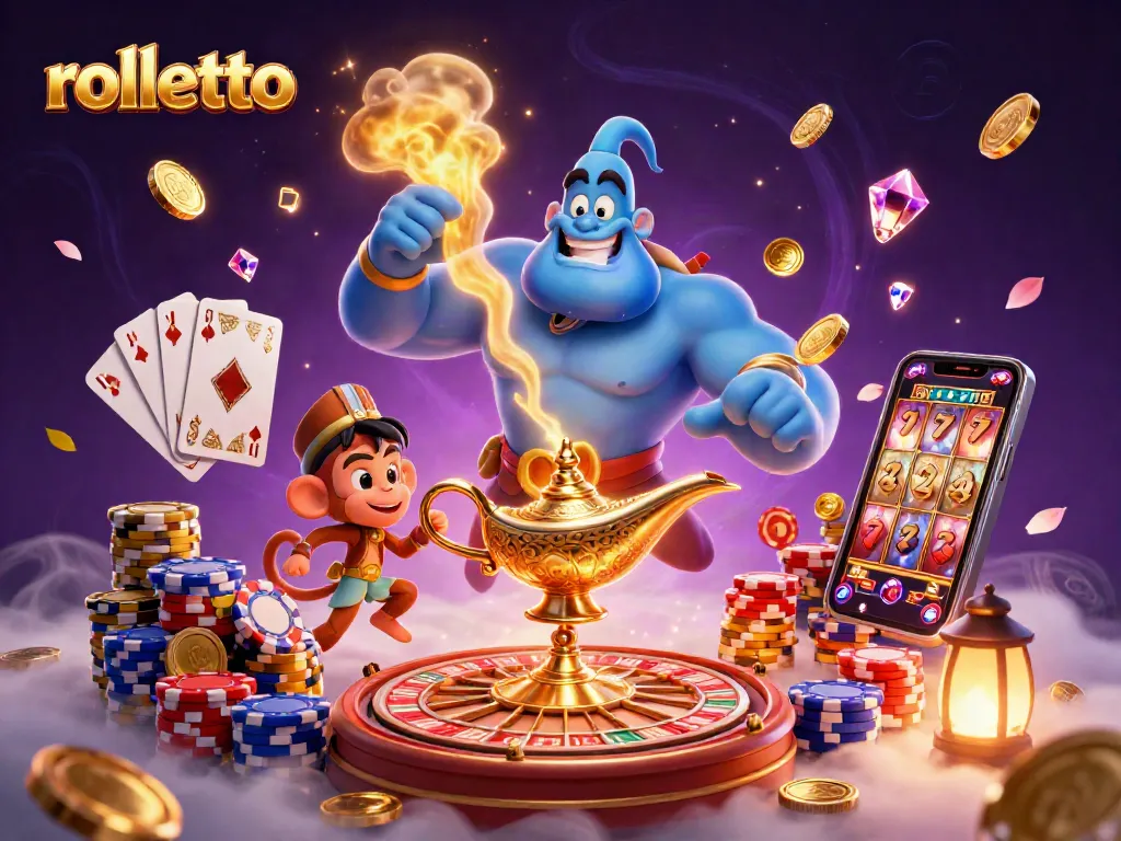 rolletto's vibrant casino illustration with a genie, monkey, and poker chips amidst gold coins and cards