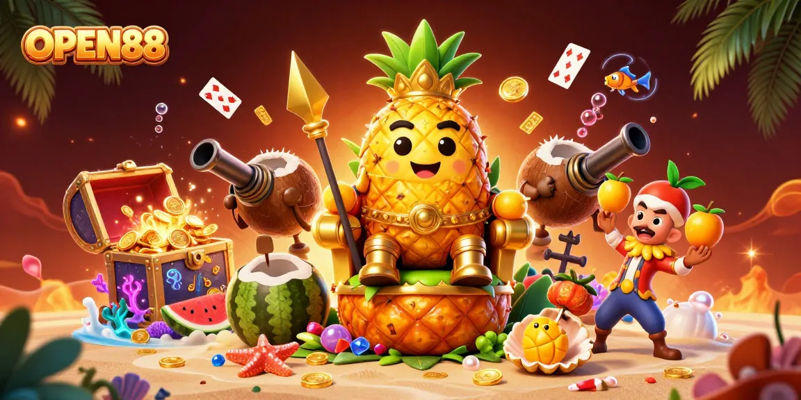 Experience the excitement of OPEN88 with a vibrant 3D casino scene featuring fun characters and game elements.