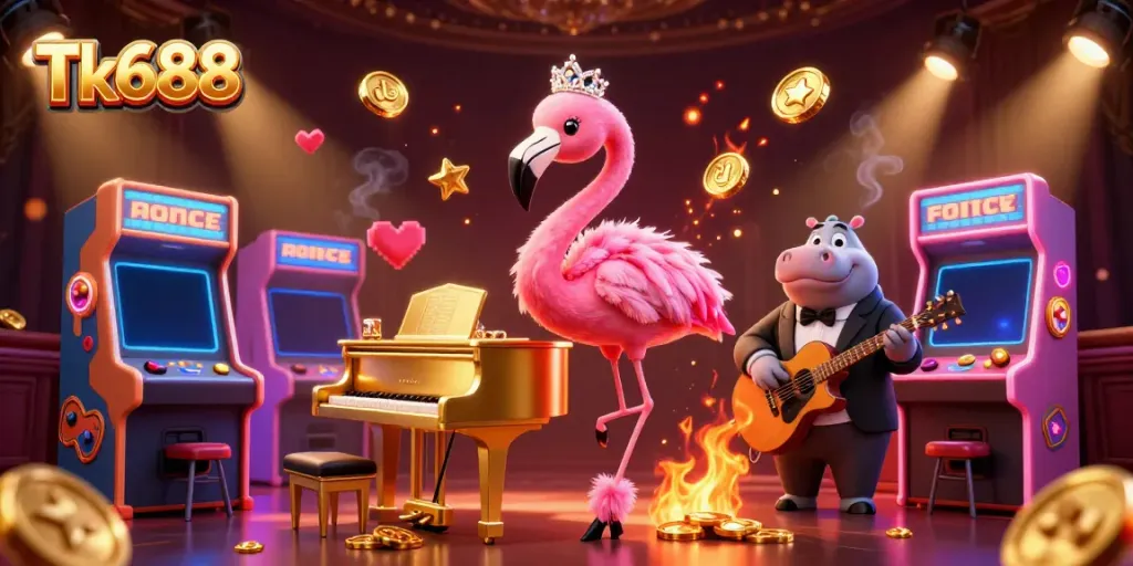 Join the fun at Tk688, featuring a vibrant casino scene with a flamingo singer and hippo bassist.
