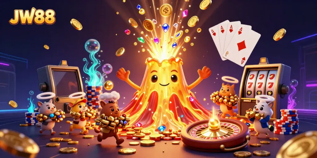 Experience the thrill of JW88 with a golden volcano erupting treasure in a vibrant casino scene.