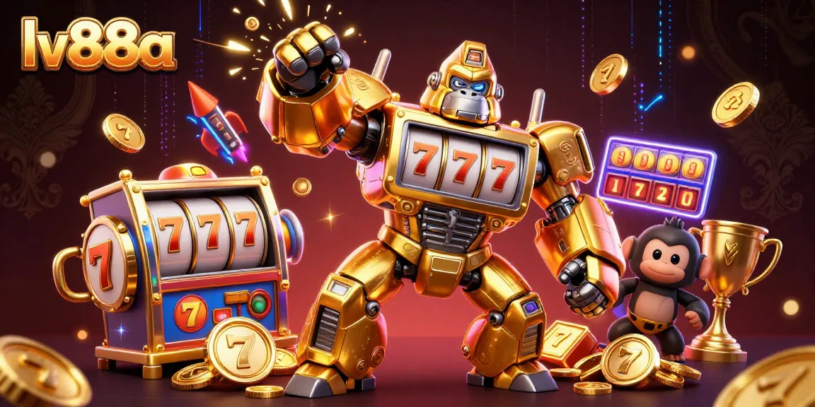 Experience the thrill of lv88a with a dynamic 3D illustration of a golden gorilla mech amidst slot game elements.