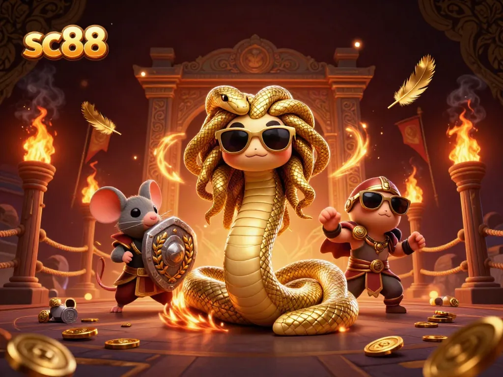 Experience sc88's thrilling gaming atmosphere with Medusa, mouse warrior, and golden elements.