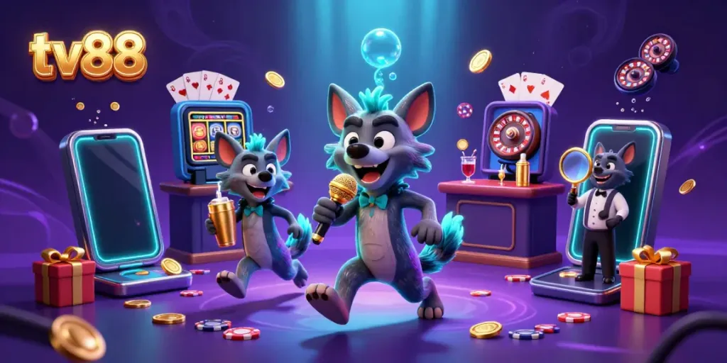 Engaging 3D hyena characters in a lively casino scene promoting tv88 with vibrant slot games and golden coins.