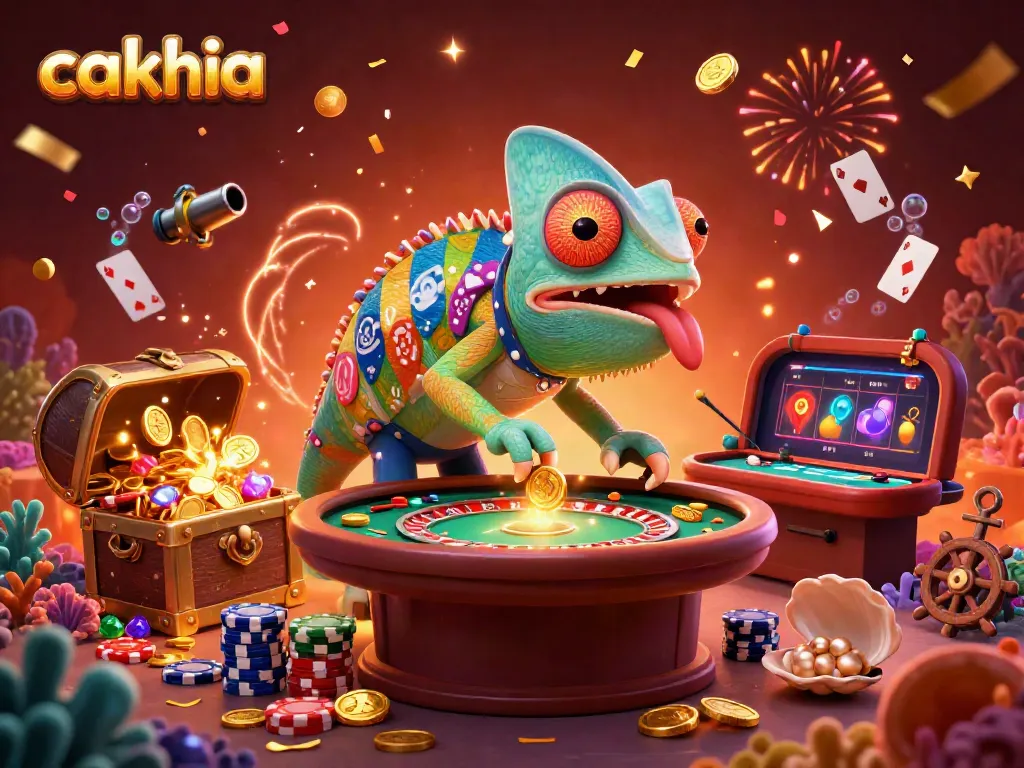 Experience the dynamic world of Cakhia with our vibrant chameleon casino owner illustration.
