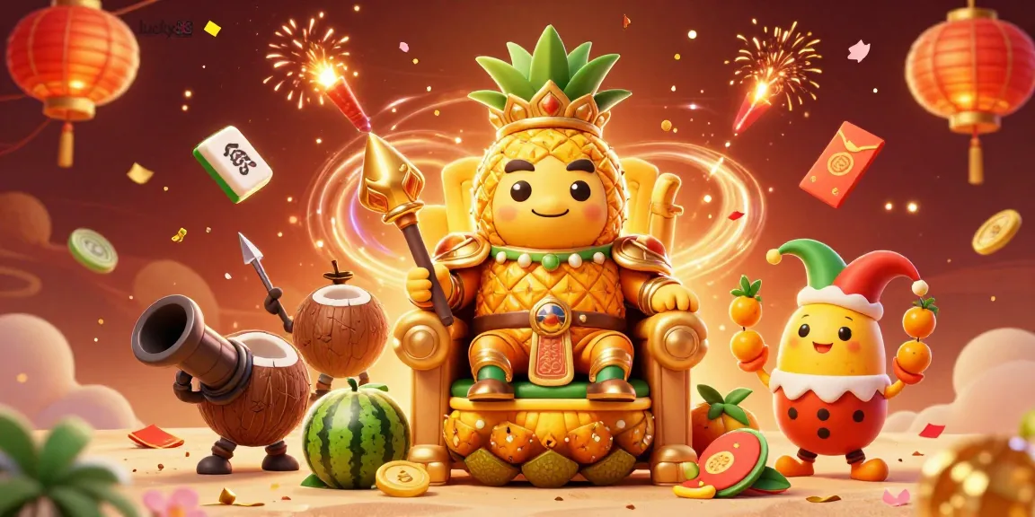 Experience the excitement of lucky88 with a vibrant 3D illustration capturing a golden pineapple king and lively casino elements.
