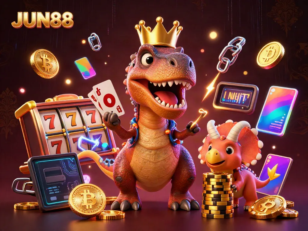 Experience thrilling gameplay at JUN88 with a dynamic casino scene featuring T-Rex character shuffling cards.