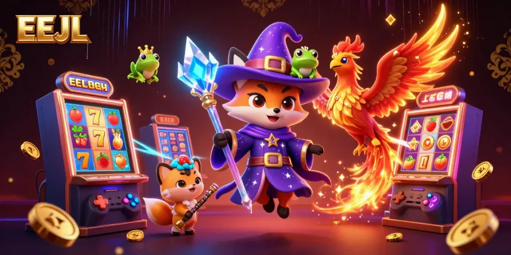 Experience the magic of EEJL with a vibrant illustration of a wizard fox, phoenix, and enchanted frog among thrilling slots.