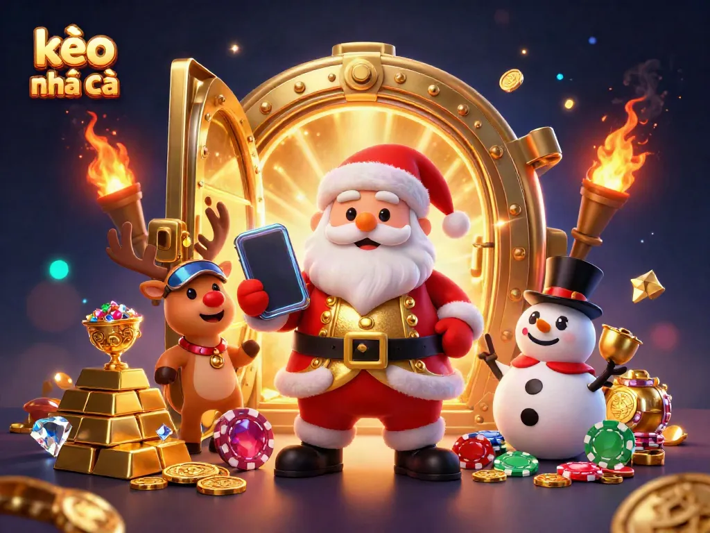 Win big with kèo nhà cái in this vibrant cartoon scene featuring Santa and friends in a sparkling casino atmosphere.