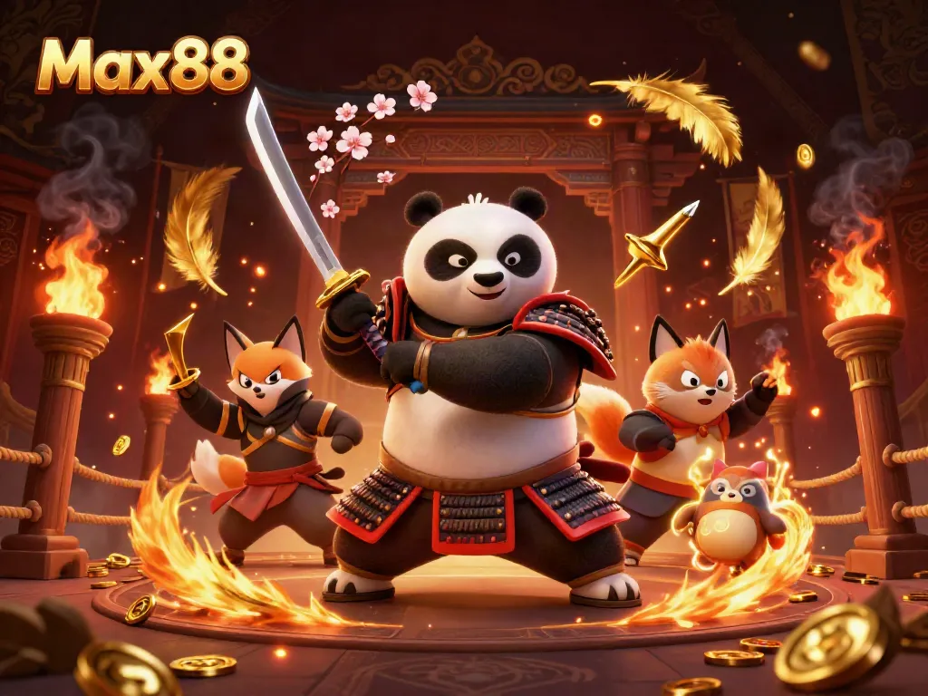 Engage in thrilling gaming at Max88, featuring a fierce panda samurai and dynamic casino elements.
