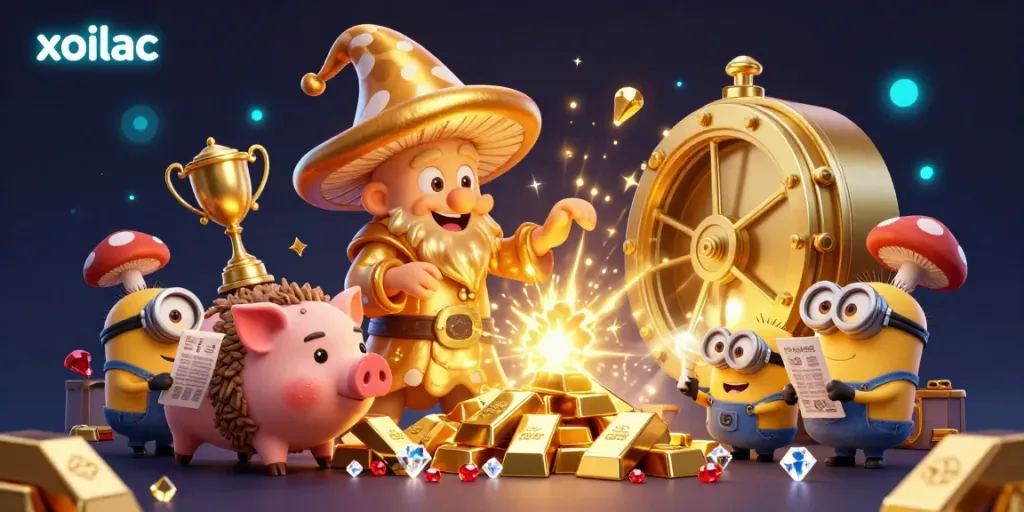 Xoilac sports betting scene showcasing a magical wizard and treasure with dynamic betting elements.
