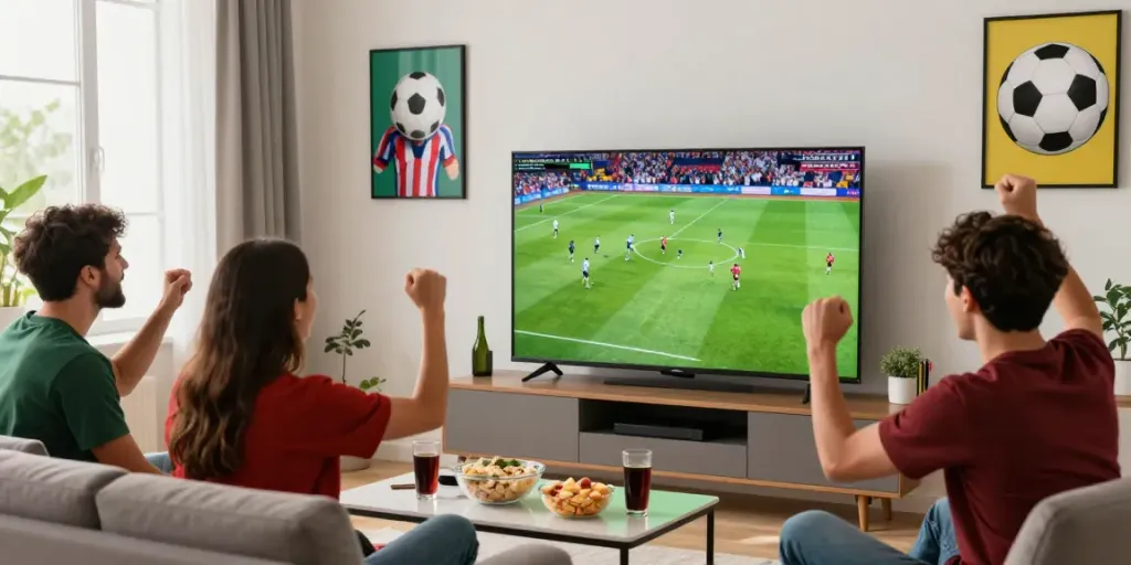 Socolive soccer fans enjoying a live match in a vibrant living room setting.