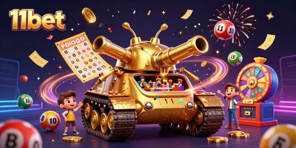 Engage with exciting gaming action at 11bet, featuring a vibrant 3D casino tank amidst colorful elements.