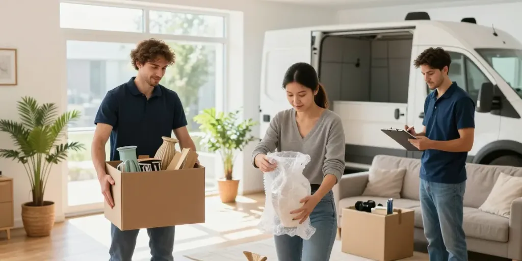 House Clearance Edinburgh - Professional team sorting items in a bright living room during a house clearance.