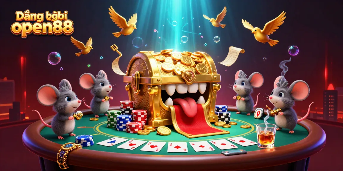 Engage in exciting games with Đăng ký open88, featuring a vibrant 3D casino scene full of treasures and riches.