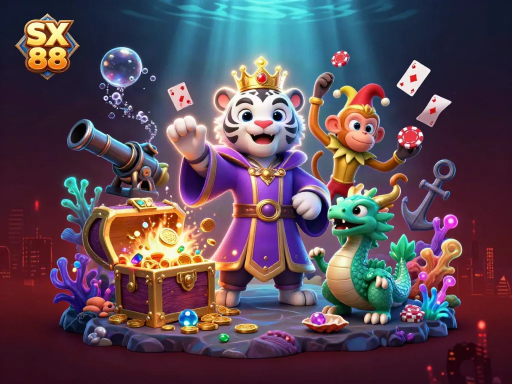 Experience the excitement of SX 88 with engaging characters and vibrant casino elements in a breathtaking underwater scene.