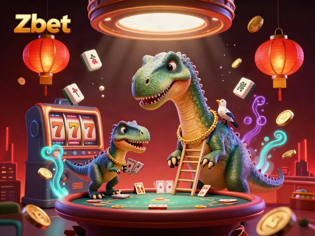 Zbet showcases a vibrant casino scene with a giant brontosaurus, clever raptor, and dynamic game elements.