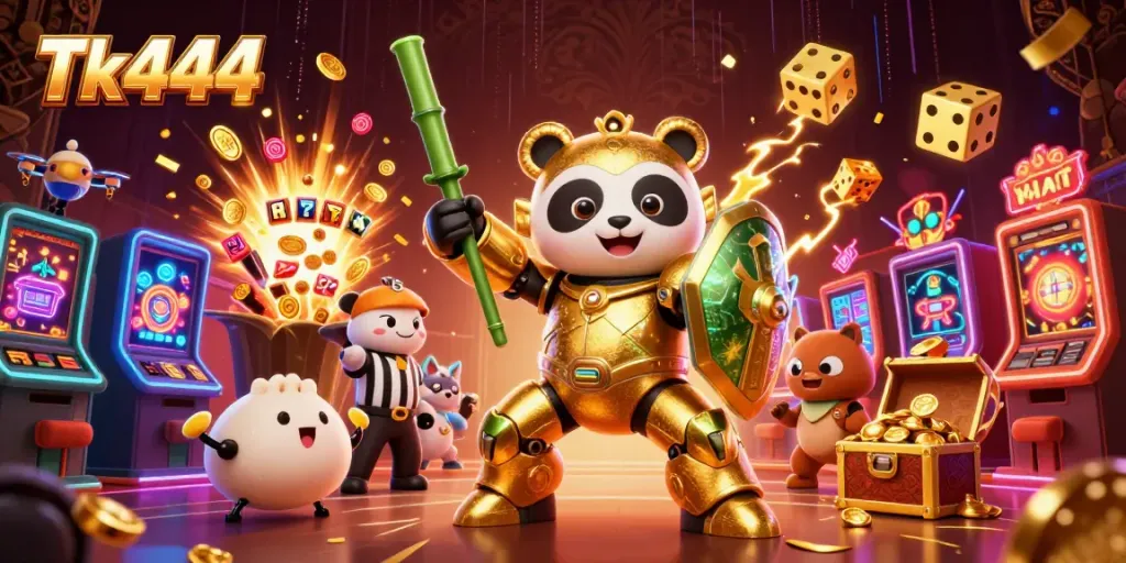 Engage in vibrant gaming excitement at Tk444 with a golden panda battling in a casino arena.